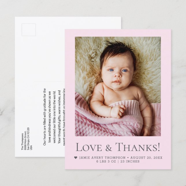Love & Thanks Blush Pink Baby Photo announcement Postcard (Front/Back)