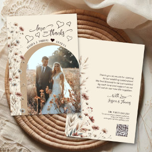 Love Thanks Boho Wildflowers Photo QR Code Wedding Thank You Card