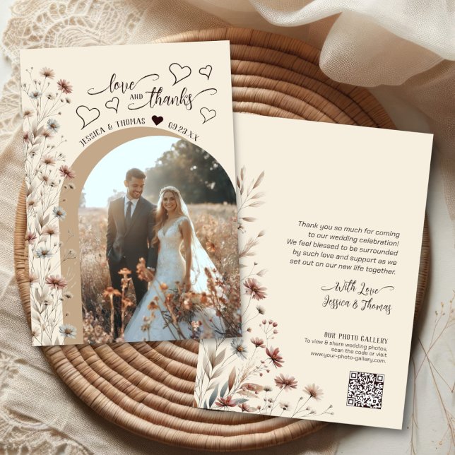 Love Thanks Boho Wildflowers Photo QR Code Wedding Thank You Card (Front/Back)