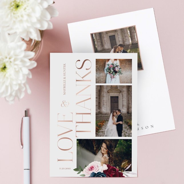 Love & Thanks Burgundy Navy Florals Three Photos Thank You Card (Creator Uploaded)