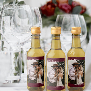 Love & Thanks Burgundy Simple Wedding Photo Mini Wine Label