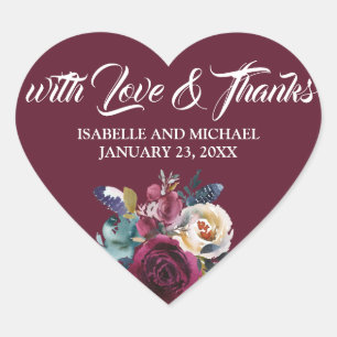 Love & Thanks Burgundy, White Wedding Heart Sticker
