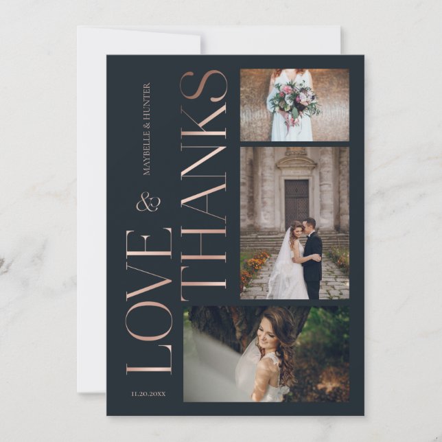 Love & Thanks Classy Navy Rose Gold Wedding Photos Thank You Card (Front)