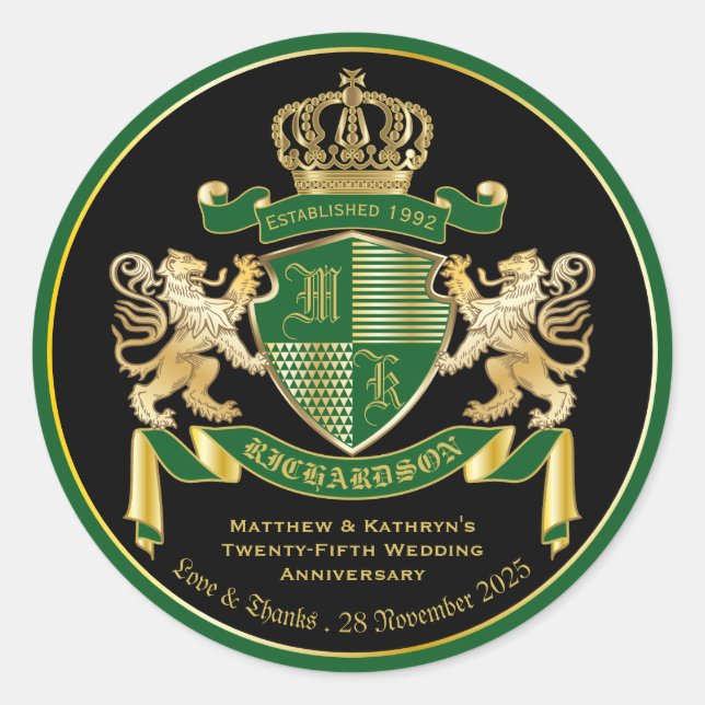 Love & Thanks Coat of Arms Green Gold Lion Emblem Classic Round Sticker (Front)