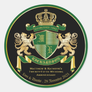 Love & Thanks Coat of Arms Green Gold Lion Emblem Classic Round Sticker