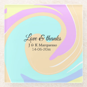 Love & thanks colourful marble wedding name glass coaster