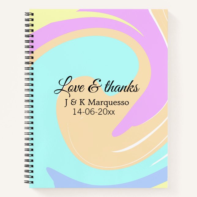 Love & thanks colourful marble wedding name notebook (Front)