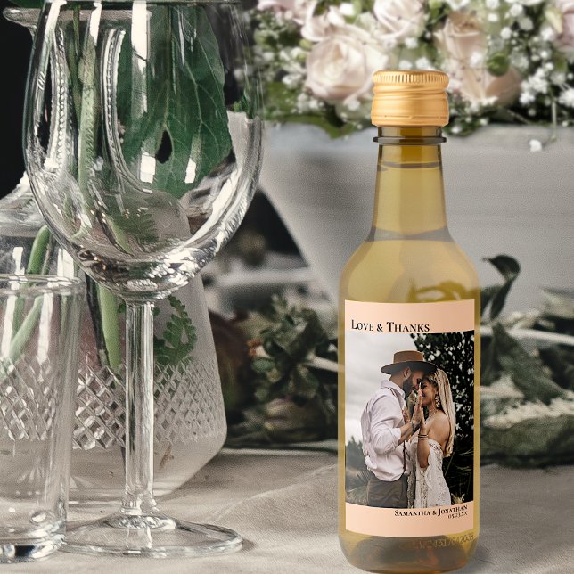 Love & Thanks Coral Peach Wedding Photo Mini Wine Label (Creator Uploaded)