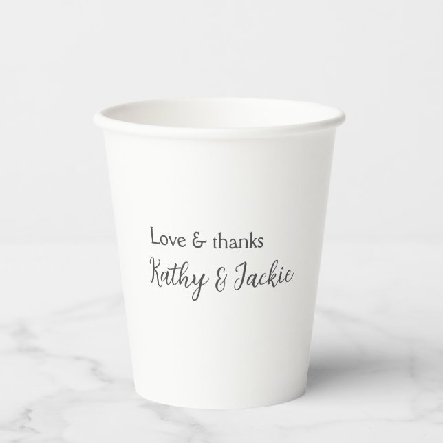 Love & thanks couple name wedding simple minimal  paper cups (Front)