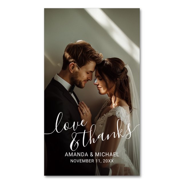 'Love & Thanks' Custom Photo Wedding Favor Magnetic Business Card (Front Vertical)