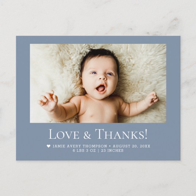 Love & Thanks Dusty blue 1 Baby Photo announcement Postcard (Front)