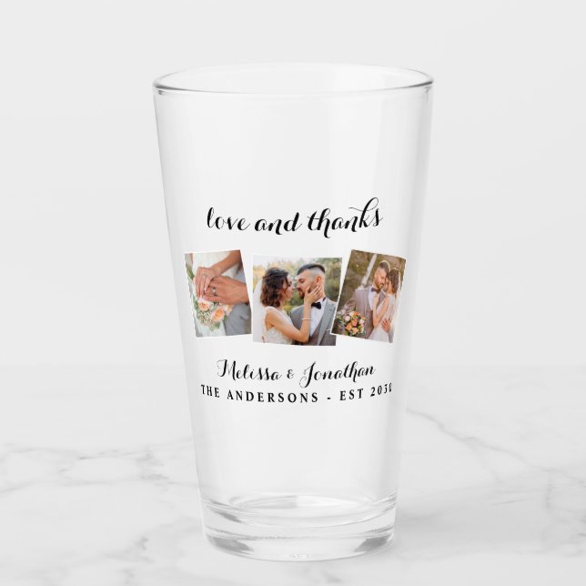 Love & Thanks Elegant 3 Photo Bride Groom Wedding Glass (Front)