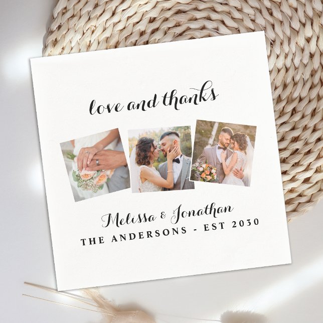 Love & Thanks Elegant 3 Photo Bride Groom Wedding Napkin (Creator Uploaded)