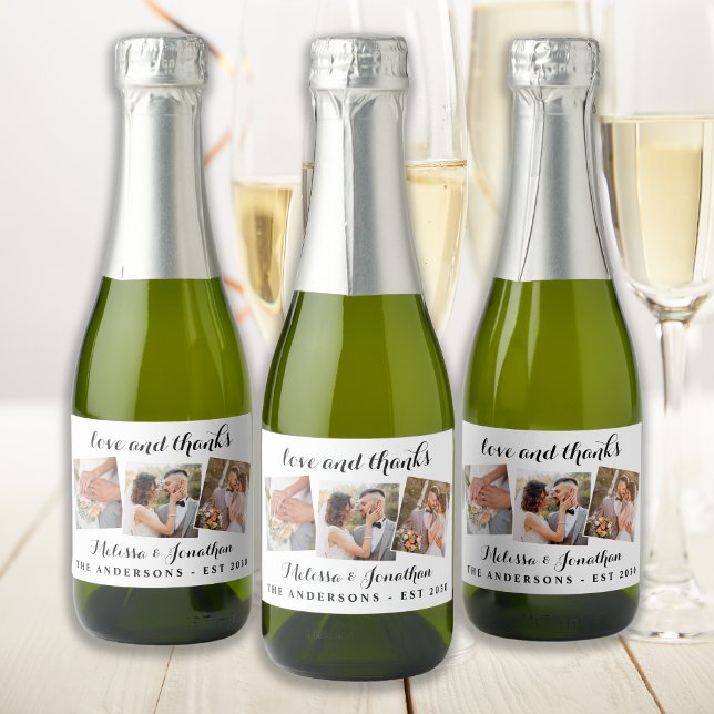 Love & Thanks Elegant 3 Photo Bride Groom Wedding Sparkling Wine Label (Creator Uploaded)