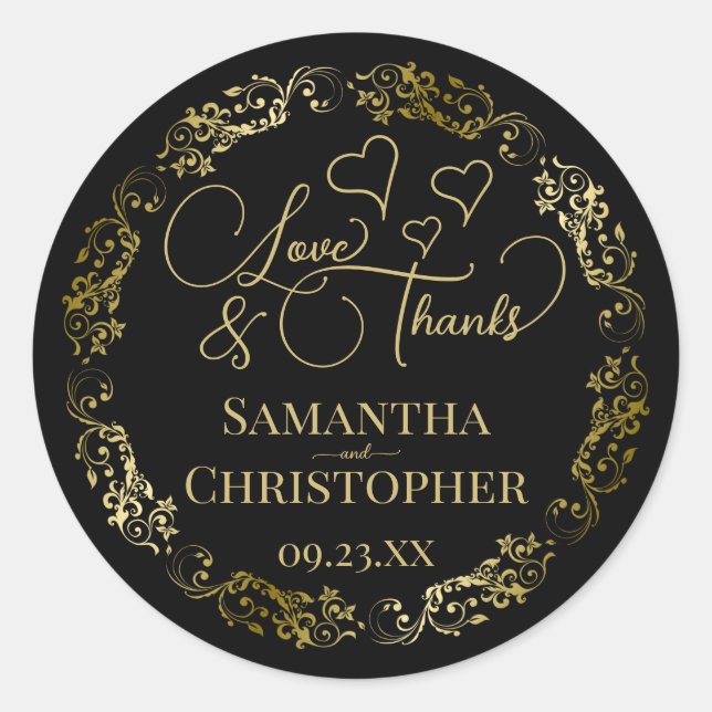 Love & Thanks Elegant Black & Gold Wedding Classic Round Sticker (Front)