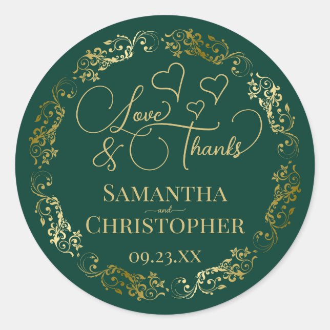 Love & Thanks Elegant Emerald Green & Gold Wedding Classic Round Sticker (Front)