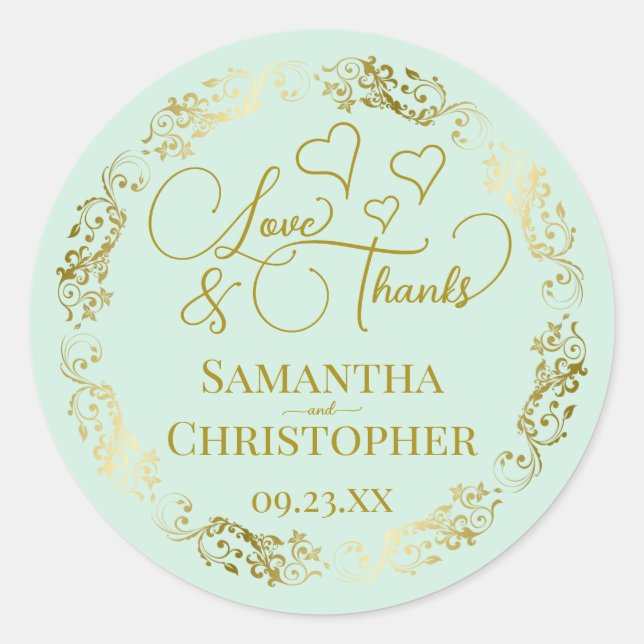 Love & Thanks Elegant Mint Green & Gold Wedding Classic Round Sticker (Front)