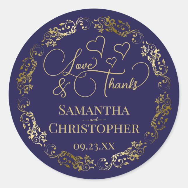 Love & Thanks Elegant Navy Blue & Gold Wedding Classic Round Sticker (Front)