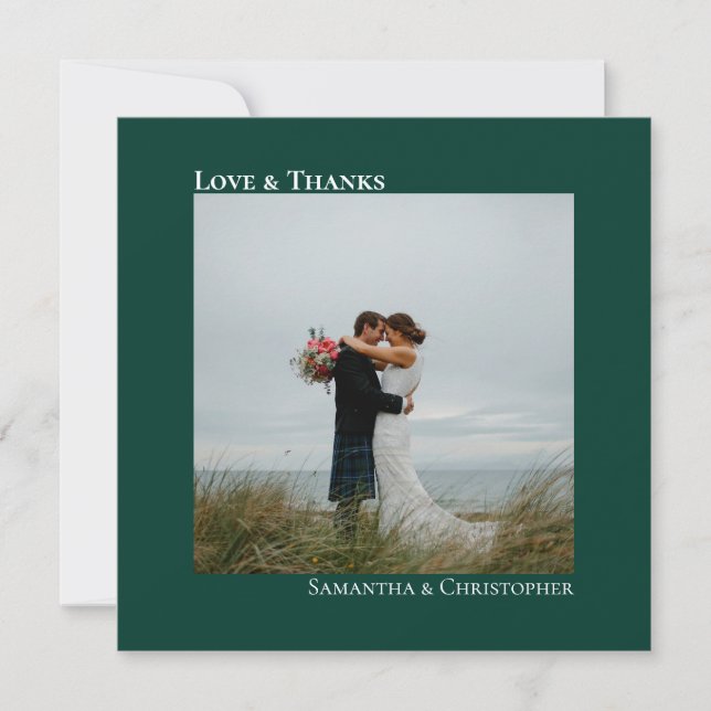 Love Thanks Emerald Green Wedding Photo Thank You Card (Front)