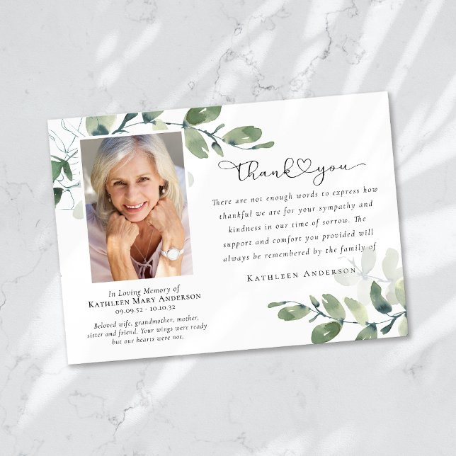 Love & Thanks Eucalyptus Funeral Memorial Photo Thank You Card (Creator Uploaded)