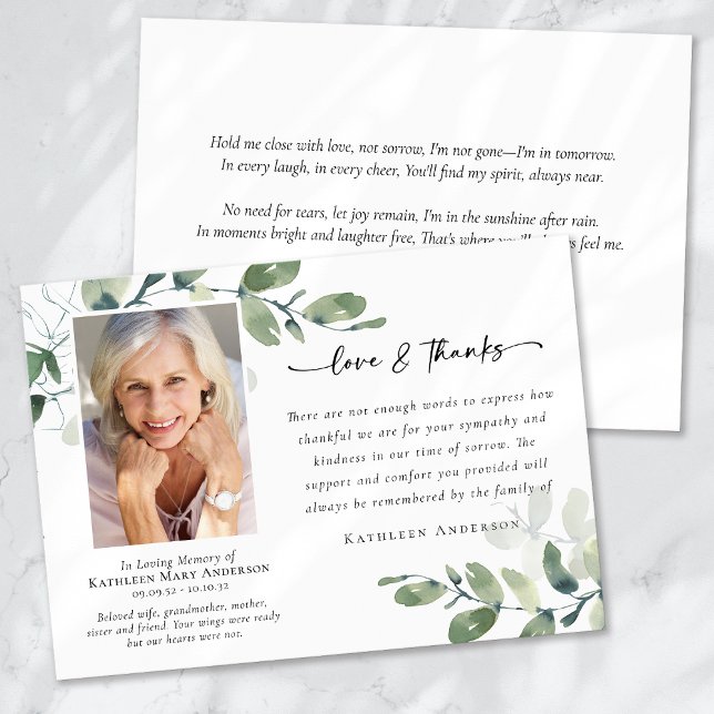 Love & Thanks Eucalyptus Funeral Memorial Photo Thank You Card (Creator Uploaded)