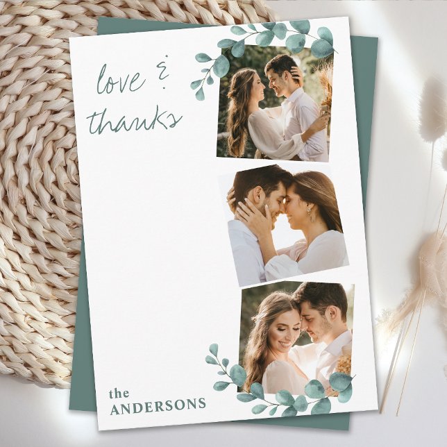 Love Thanks Eucalyptus Greenery 3 Photo Wedding Thank You Card (Creator Uploaded)