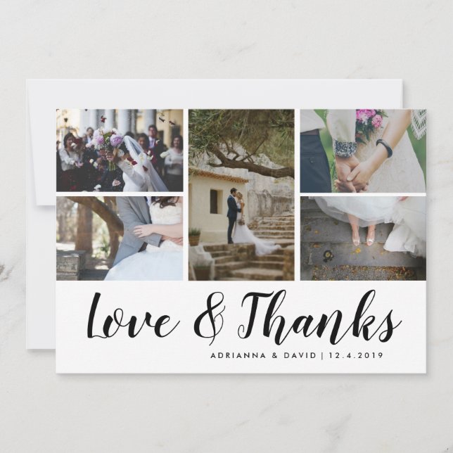 Love & Thanks Five Couple Photo Wedding Thank You Card (Front)
