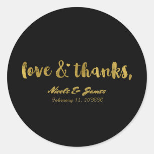 Love & Thanks Gold Black Modern Chic Wedding Favou Classic Round Sticker