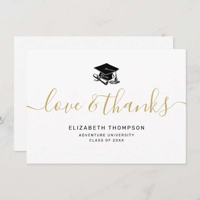 Love Thanks Gold Script Black Grad Cap Graduation Thank You Card (Front/Back)