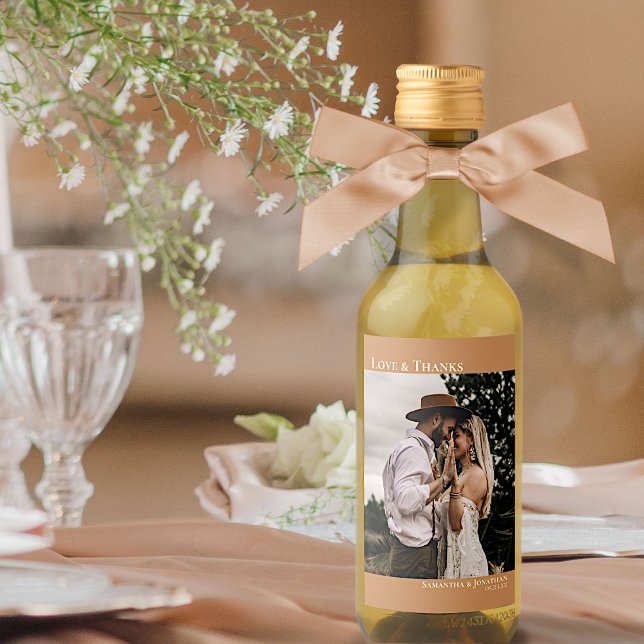 Love & Thanks Golden Tan Wedding Photo Mini Wine Label (Creator Uploaded)