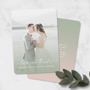 Love & Thanks Green & Pink Wedding Photo Overlay Thank You Card