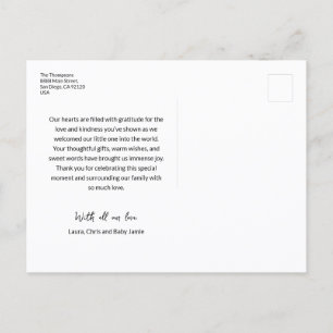 Love Thanks heart script Baby Photo Birth Postcard