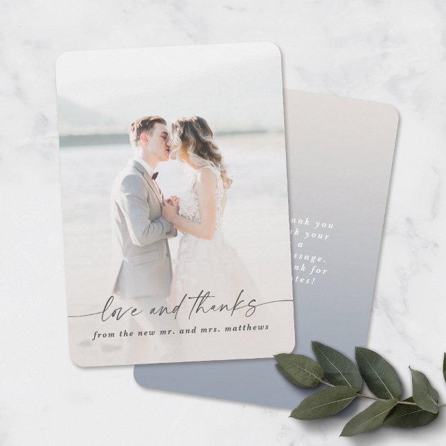 Love & Thanks Ivory & Blue Wedding Photo Overlay Thank You Card (Creator Uploaded)