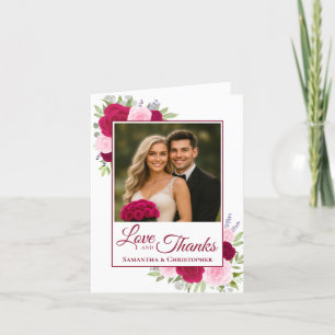 Love & Thanks Magenta Pink Roses Wedding Photo  Thank You Card