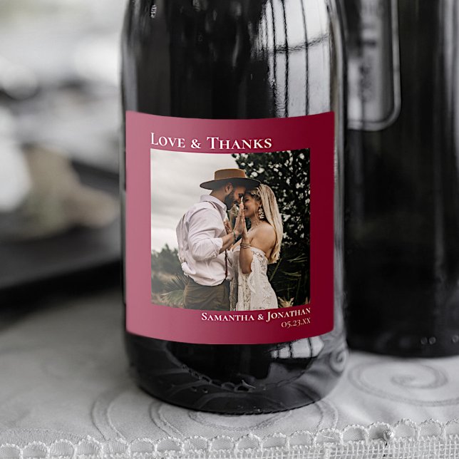 Love & Thanks Minimal Cranberry Red Photo Wedding Sparkling Wine Label (Creator Uploaded)