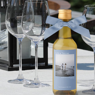 Love & Thanks Minimalist Blue Wedding Photo Mini Wine Label