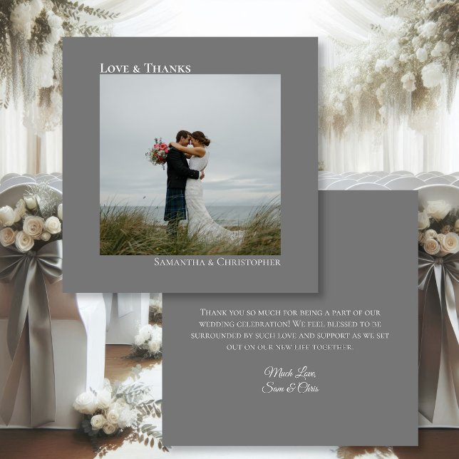 Love & Thanks Minimalist Grey Photo & Note Wedding Thank You Card (Front/Back)