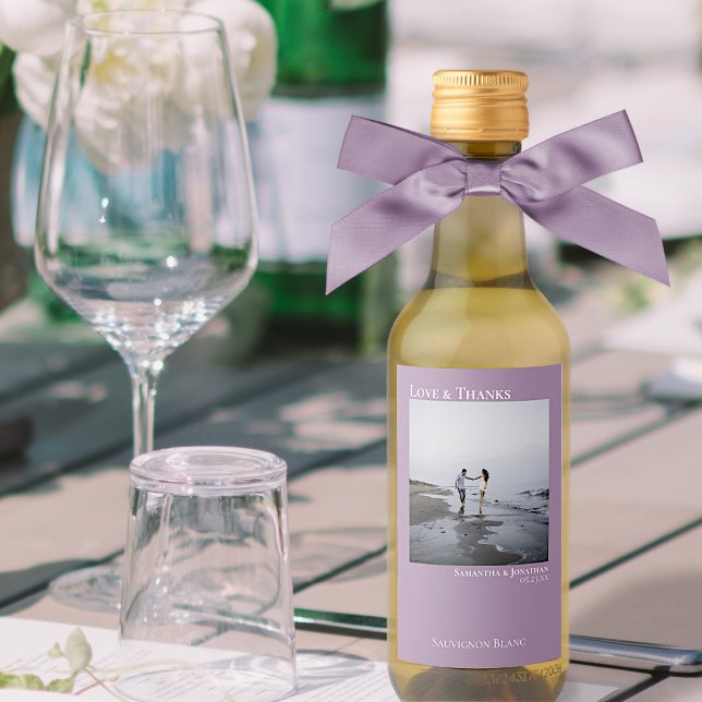 Love Thanks Minimalist Lavender Wedding Photo Mini Wine Label (Creator Uploaded)
