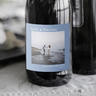 Love & Thanks Minimalist Light Blue Photo Wedding Sparkling Wine Label