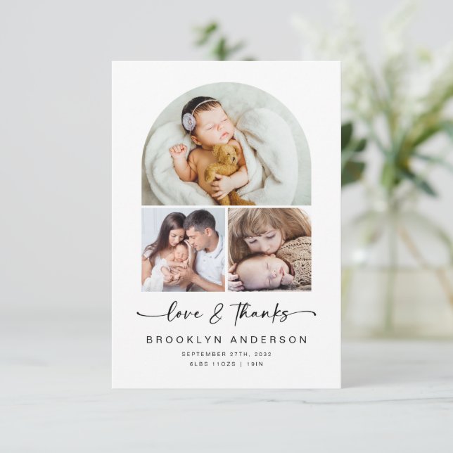 Love & Thanks | Modern Arch 3 Photos Baby Thank You Card (Standing Front)