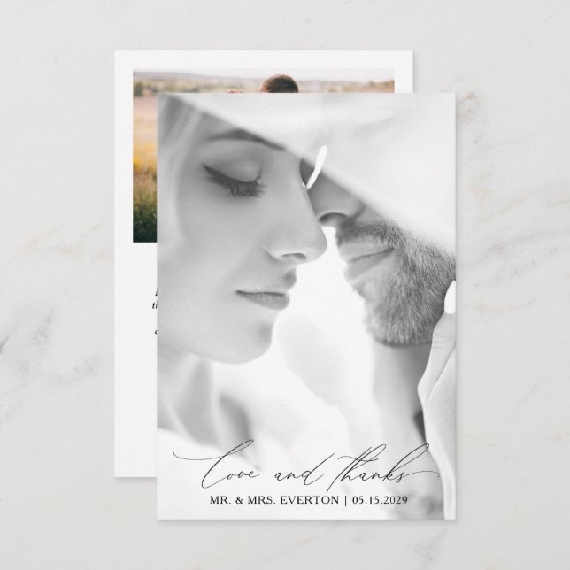 Love & Thanks Modern Calligraphy Photo Wedding Thank You Card (Front/Back)
