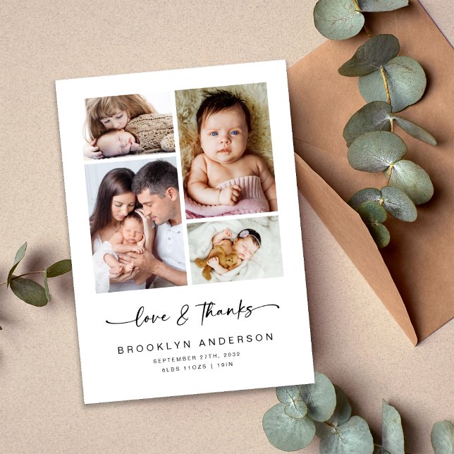 Love & Thanks | Modern Four Photo New Baby  Thank You Card (Creator Uploaded)