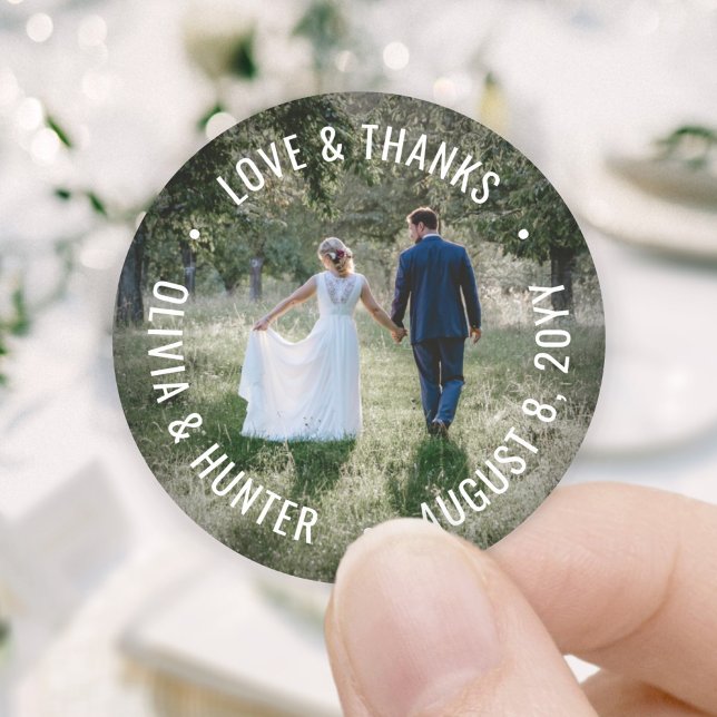 Love & Thanks Modern Photo Wedding Thank You Favou Classic Round Sticker (Creator Uploaded)