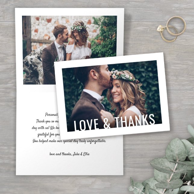 Love & Thanks Modern Simple Border 2 Photo Wedding Thank You Card (Creator Uploaded)