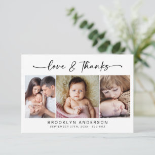 Love & Thanks Modern Three Photo New Baby Thank You Card