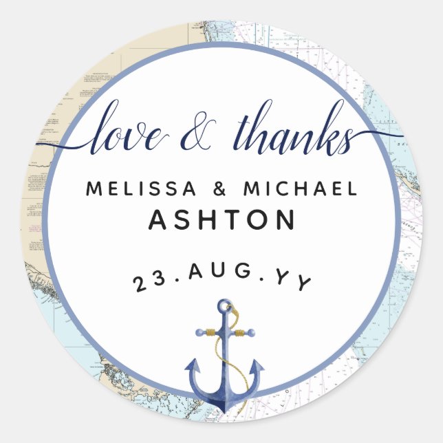 Love & Thanks Nautical Chart Wedding | #Florida Classic Round Sticker (Front)