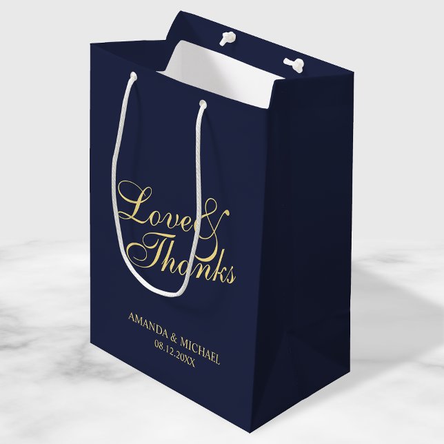 'Love & Thanks' Navy & Gold Elegant Wedding Favour Medium Gift Bag (Creator Uploaded)