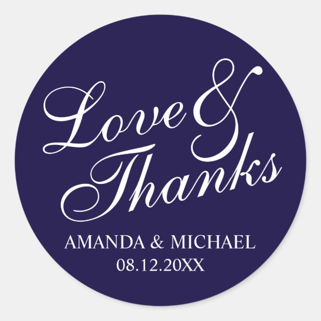 'Love & Thanks' Navy & White Wedding Favour Classic Round Sticker (Front)