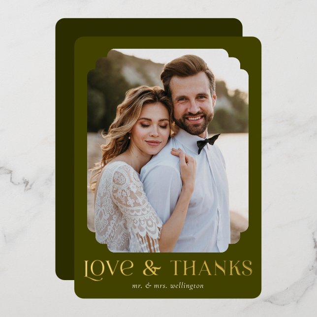 Love Thanks Olive Foil Wedding Thank You Card (Front/Back)