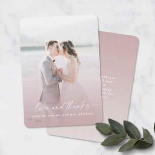Love & Thanks Ombre Mauve Wedding Photo Overlay Thank You Card